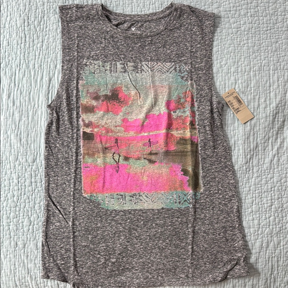 American Eagle Outfitters Gray Pink Graphic Muscle Tee